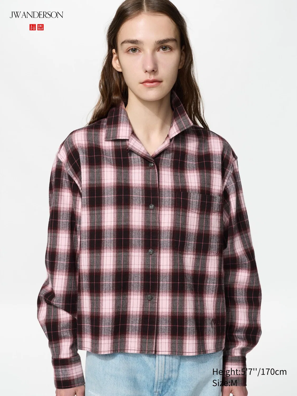 Рубашка Uniqlo, фланелевая, свободный крой, в клетку, розовый