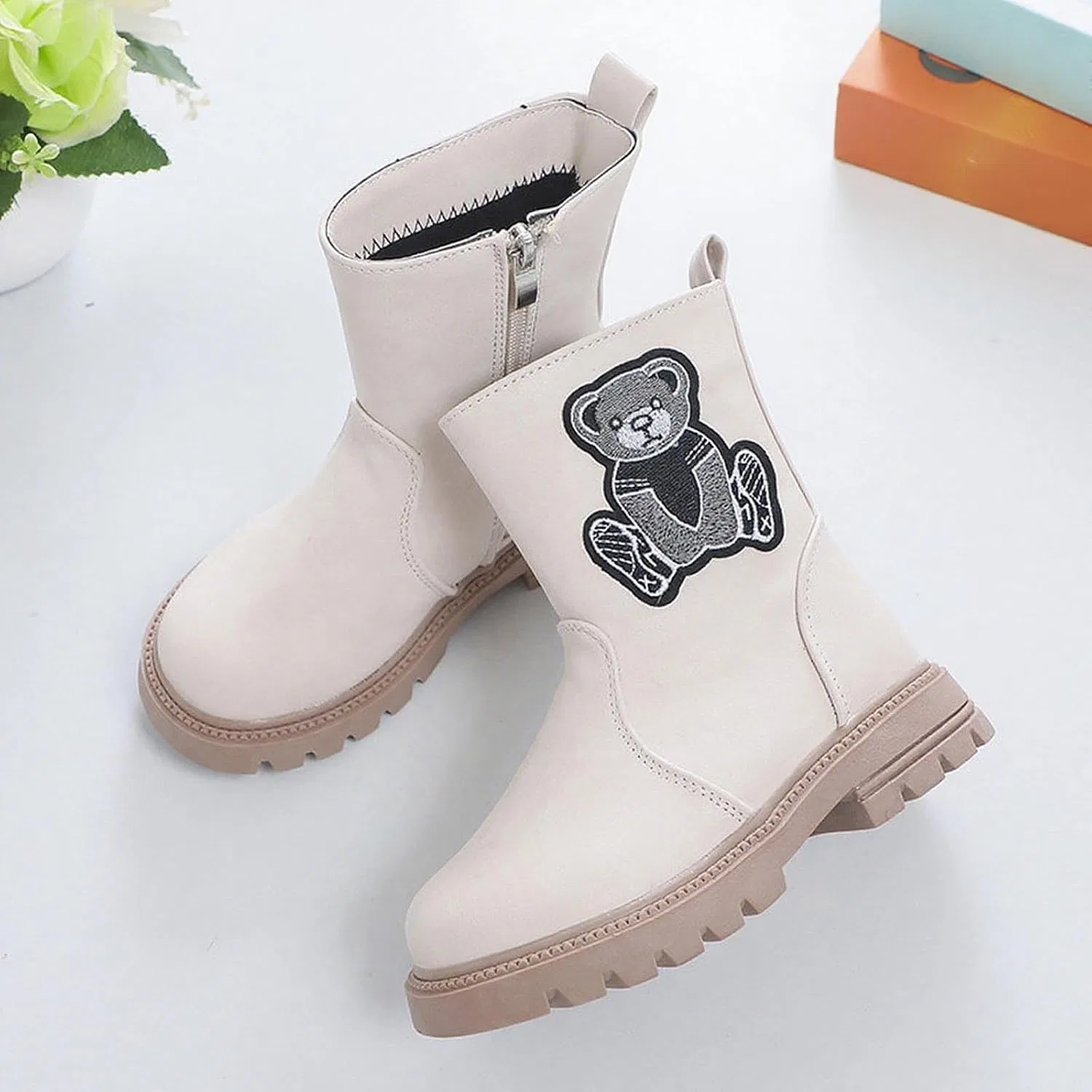 Детские сапоги для девочек с принтом медведя Mid Calf Cute Bear Zzalalana, Beige — фото 4