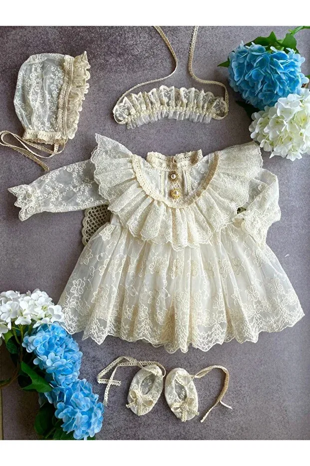 Детский комплект платья для девочек с длинным рукавом Gold Button Detailed Dandel Dress Set Butik, Ecru