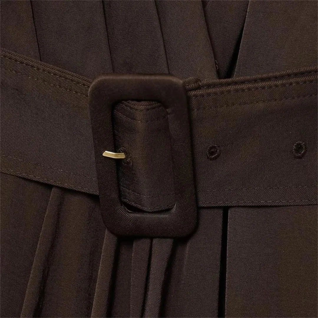 Женское повседневное платье миди с V-образным вырезом, Dark Brown — фото 4