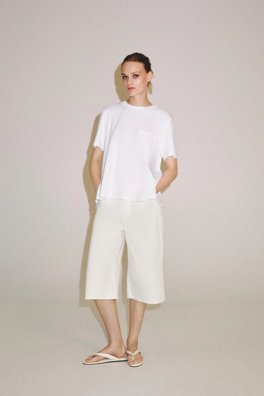Футболка с карманом из ткани интерлок ZARA, White