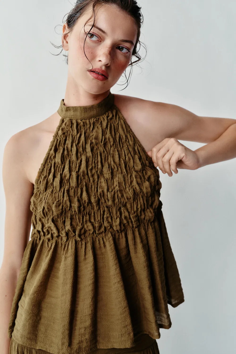 Топ с завязками на шее ZARA, Olive green — фото 2