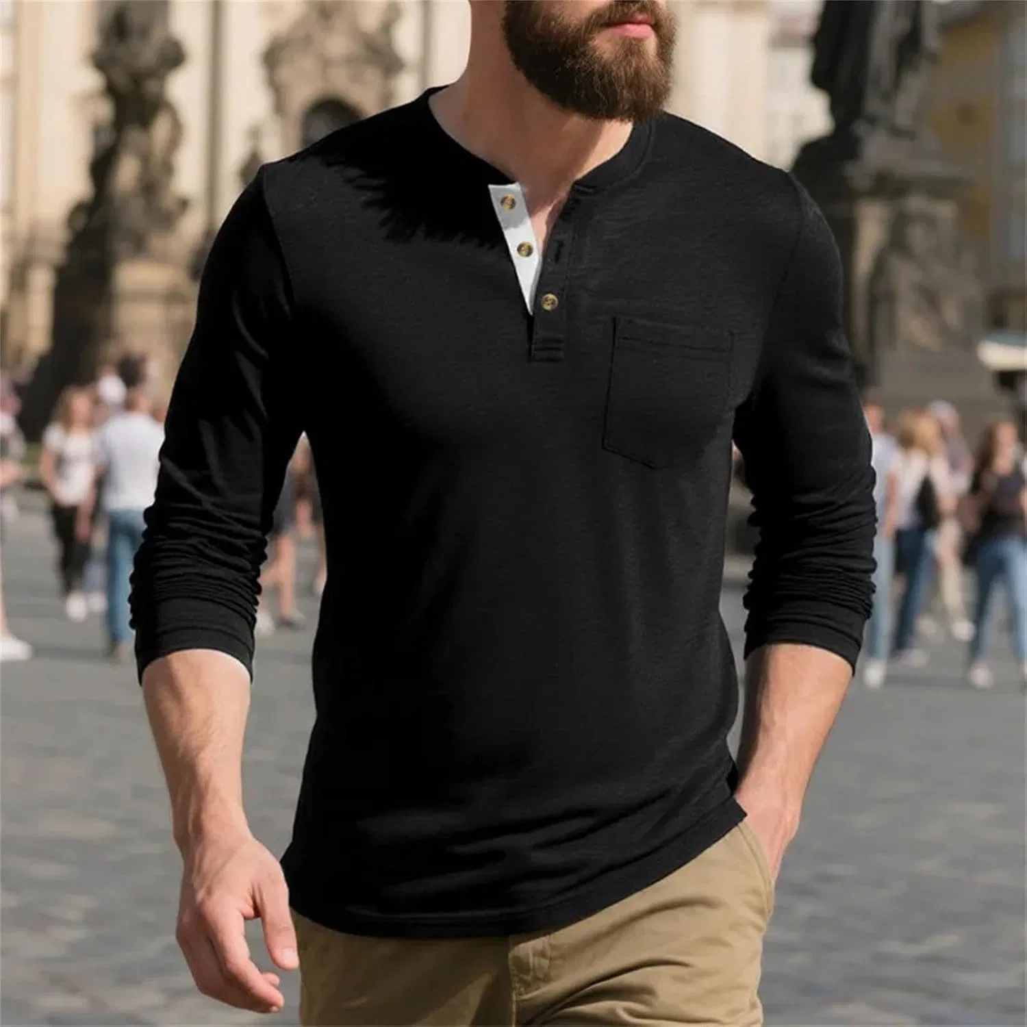 Мужская длинная футболка с круглым вырезом, дышащая, Business Casual, Denim Blue — фото 3