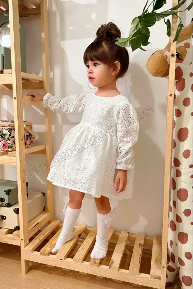 Детское платье для девочек с длинным рукавом Penu Baby Kids, White — фото 4