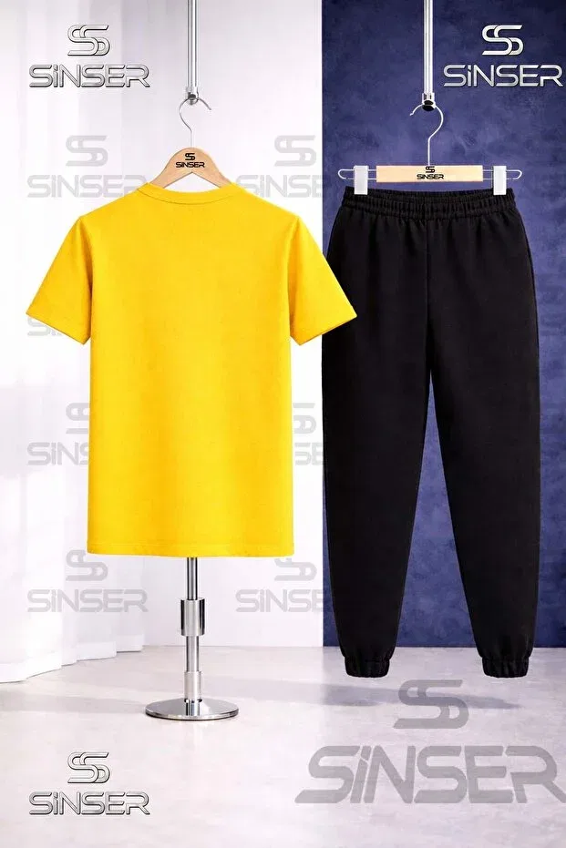 Детский комплект футболки и спортивных штанов с принтом Bear & Hey Ss Sinser, Yellow - Black — фото 2