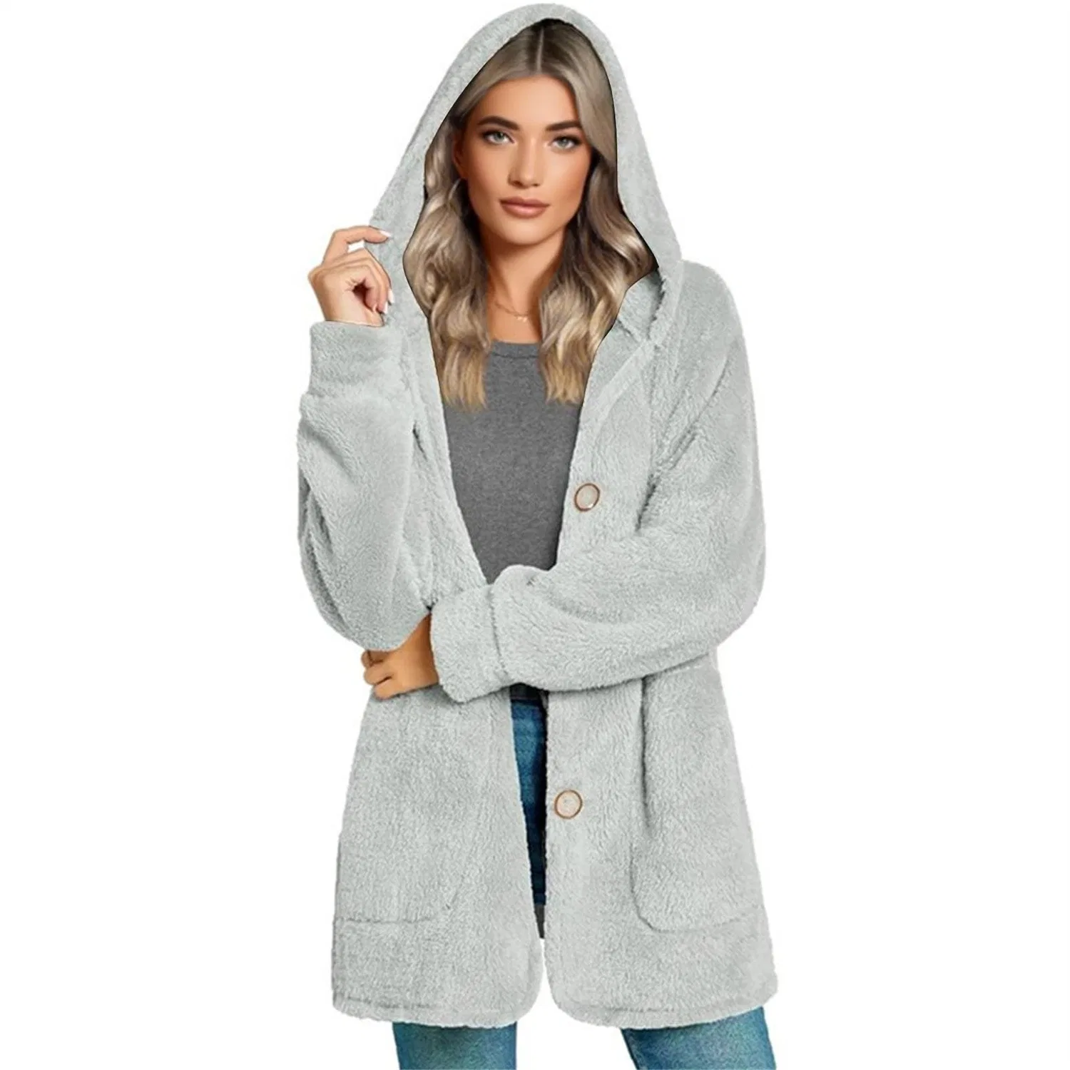 Женский утеплённый кардиган из флиса с капюшоном и карманами, Grigio — фото 2