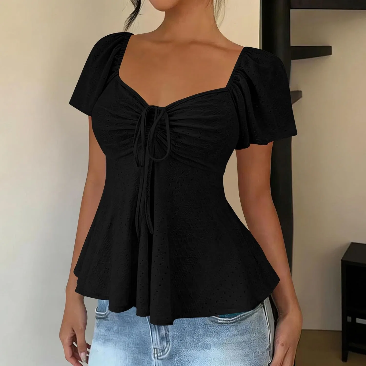 Женская блуза с вышивкой и ажурными вставками, Black — фото 2