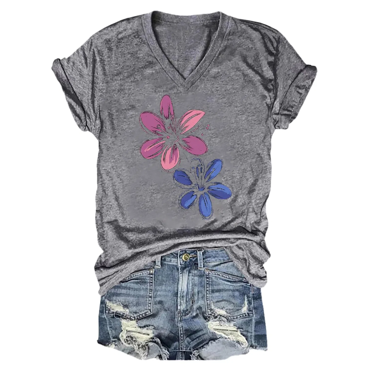 Женская футболка с принтом Vintage Boho Wild Flower, с V-образным вырезом и коротким рукавом, Z03-grey