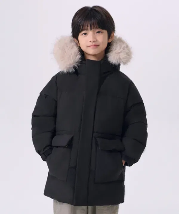 Пуховик с капюшоном из искусственного меха, Musinsa Standard Kids, черный