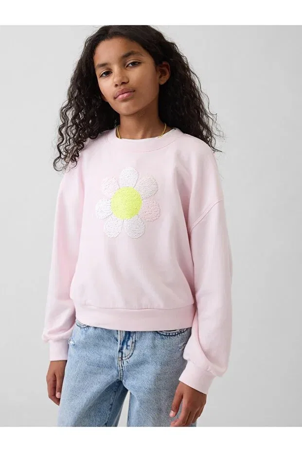 Детские свитшот для девочек с принтом Oversized Wedge Flippy-Sequin Graphic Gap, Pink-000