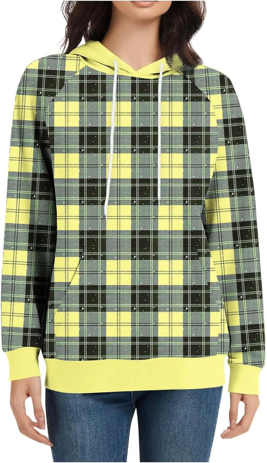 Женское худи с принтом, модель Plaid Print Drawstring, жёлтый — фото 3