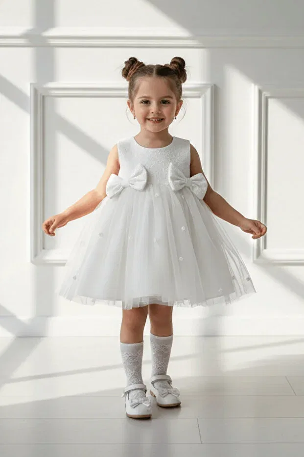 Детское платье для девочек с принтом Brocade white dream tulle rose detailed bow evening dress Bertuğ Bebek, White
