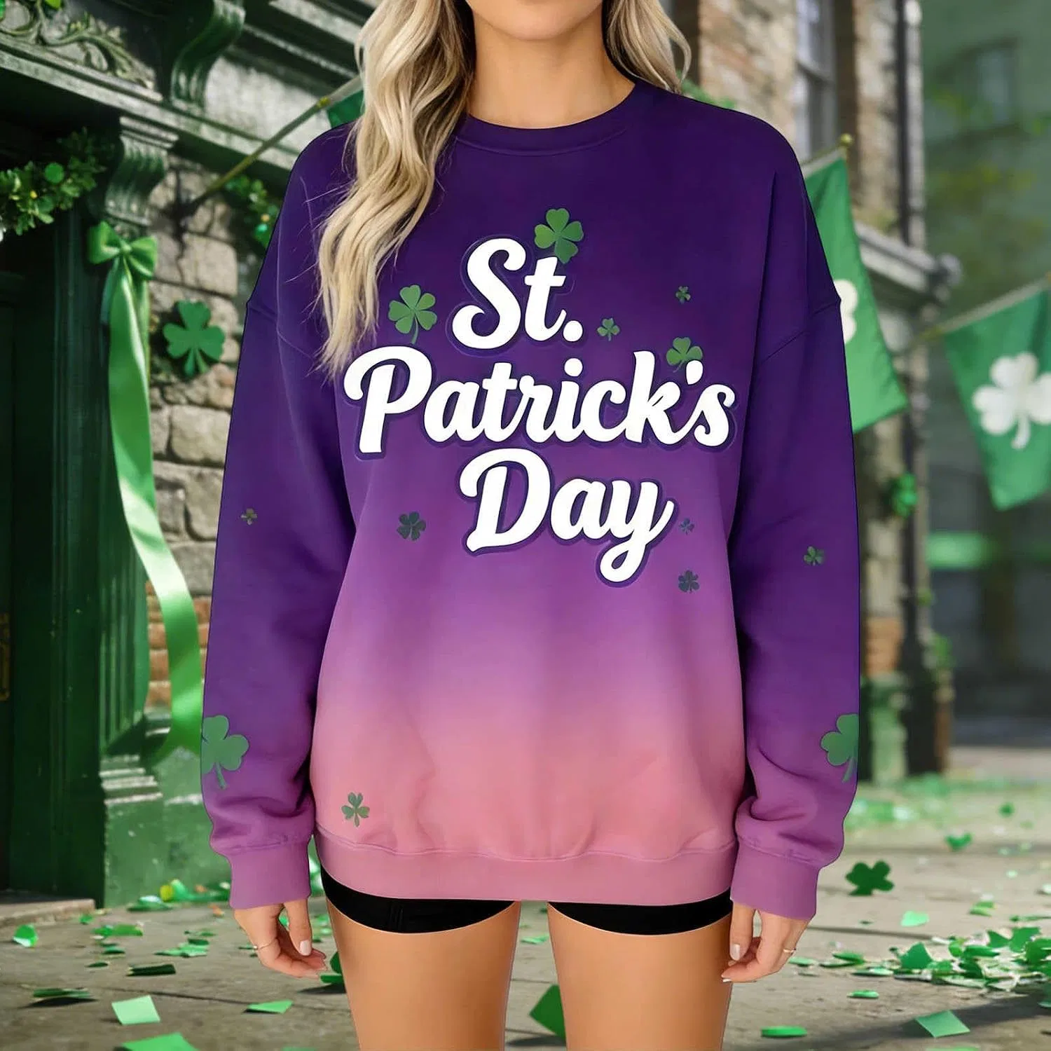 Женский свитшот с принтом St Patricks Day, фиолетовый — фото 2