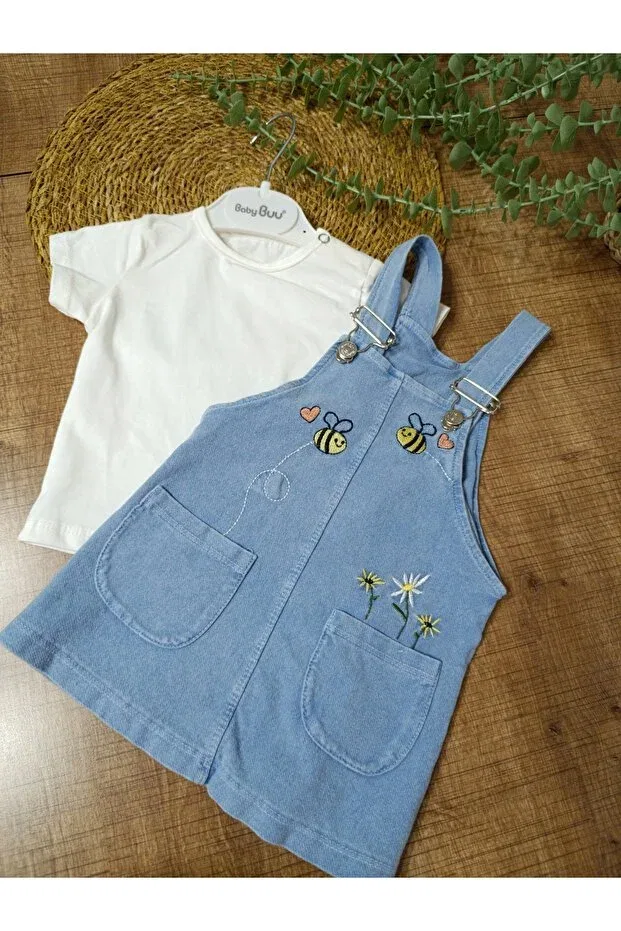 Детский комбинезон с принтом Bee Flower Embroidered Pocket Detailed Denim Baby Buu, White — фото 2