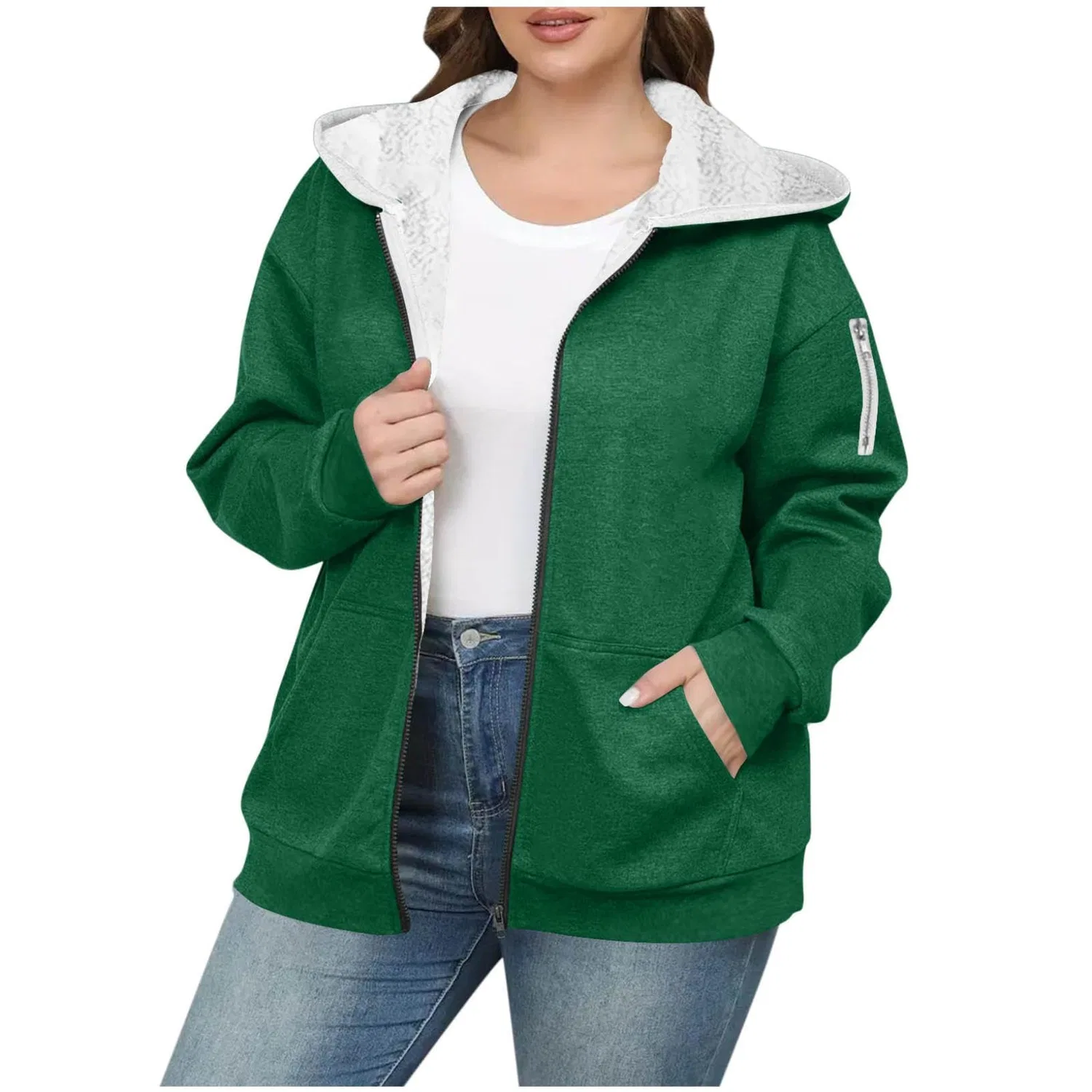 Женское зимнее пальто с флисовой подкладкой и молнией, оверсайз, Sherpa Lined, 01 verde