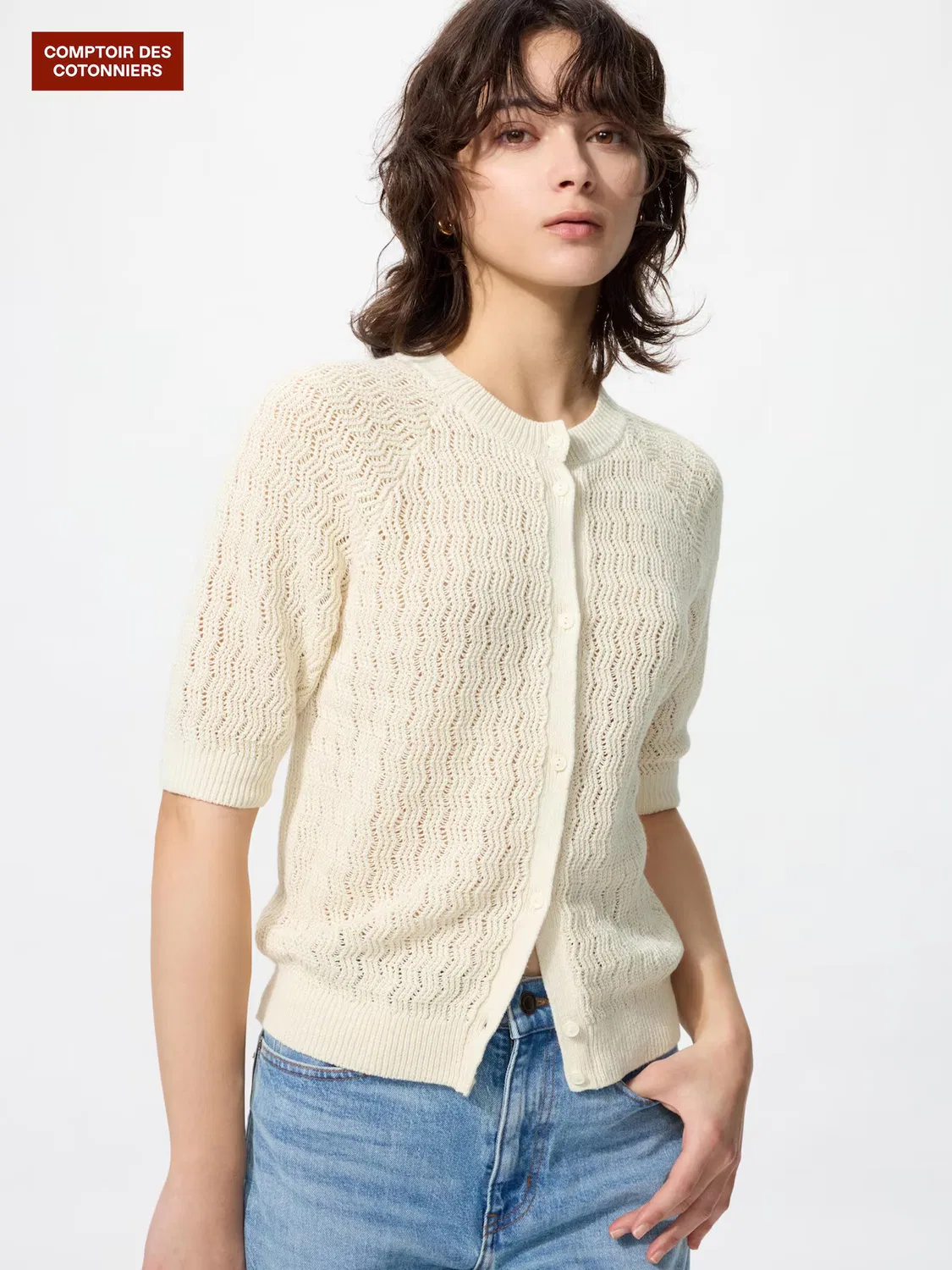 Кардиган 5/8 Uniqlo, льняной, с круглым вырезом, кремовый