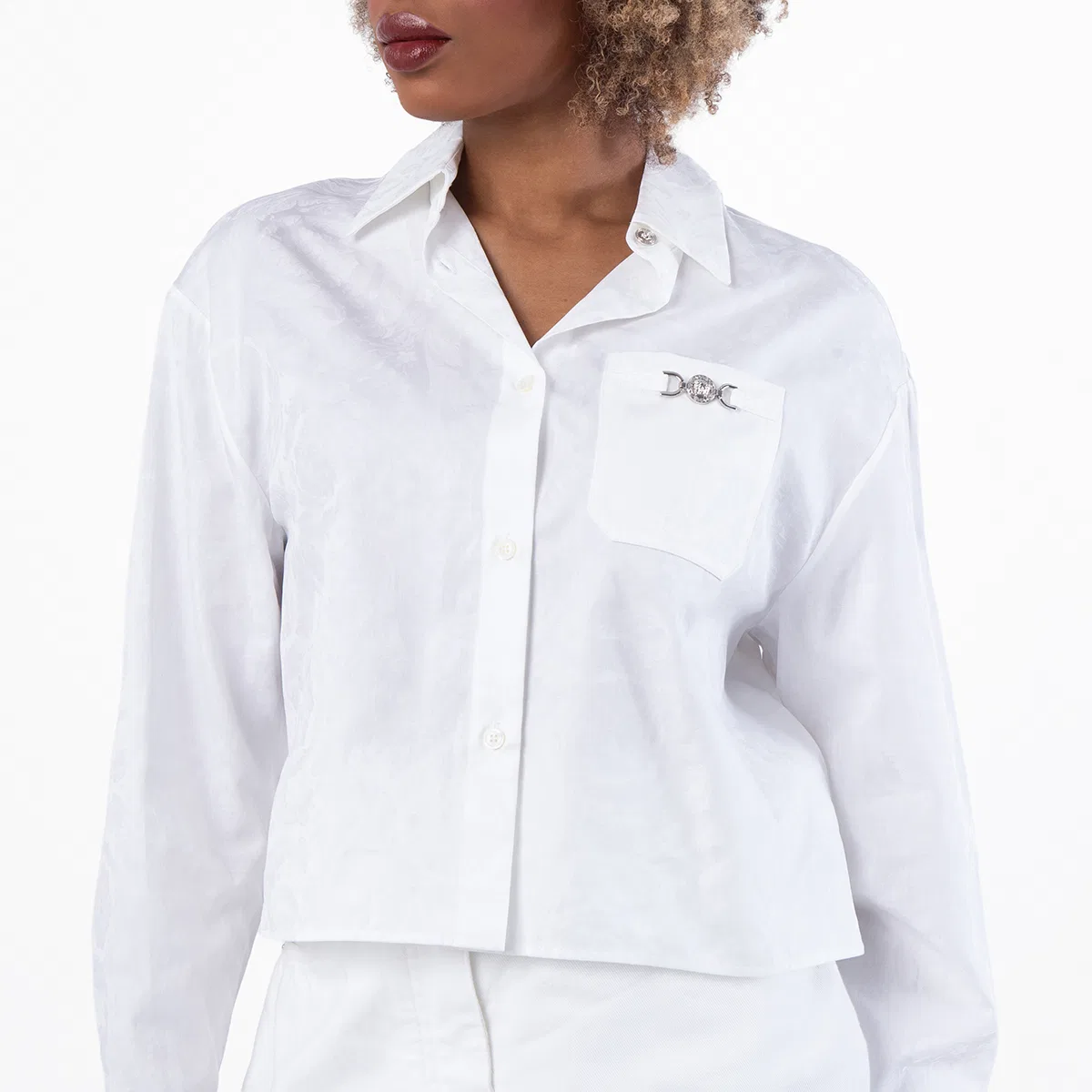 Женская укороченная рубашка из хлопка Barocco Jacquard Cropped Shirt Versace, Optical White — фото 2