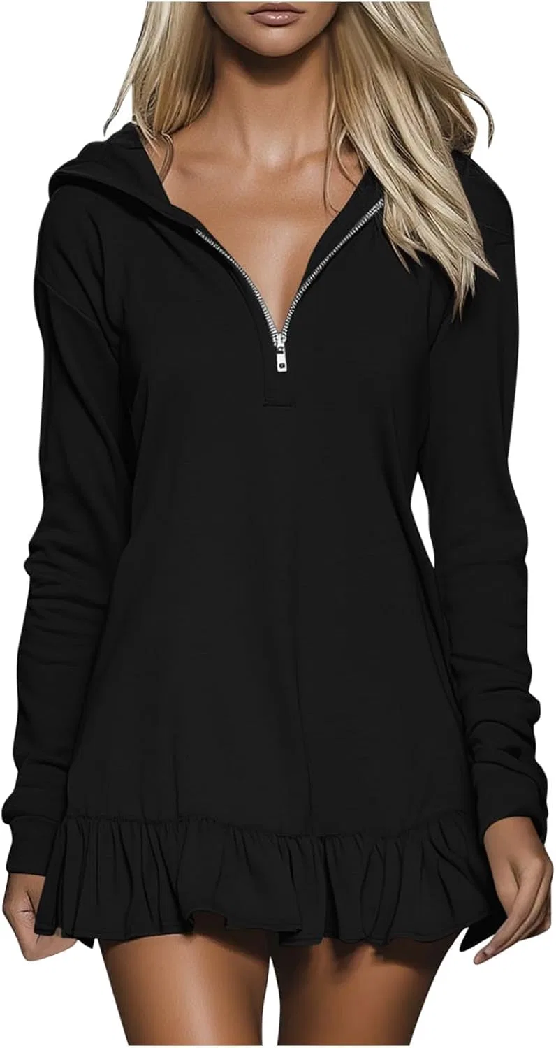 Женское худи-платье с четверть-застежкой и рюшами Casual, Black