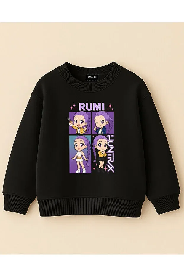 Детские свитшот для девочек оверсайз с принтом Kpop Demon Hunters Huntrix Rumi Fasardi, Black