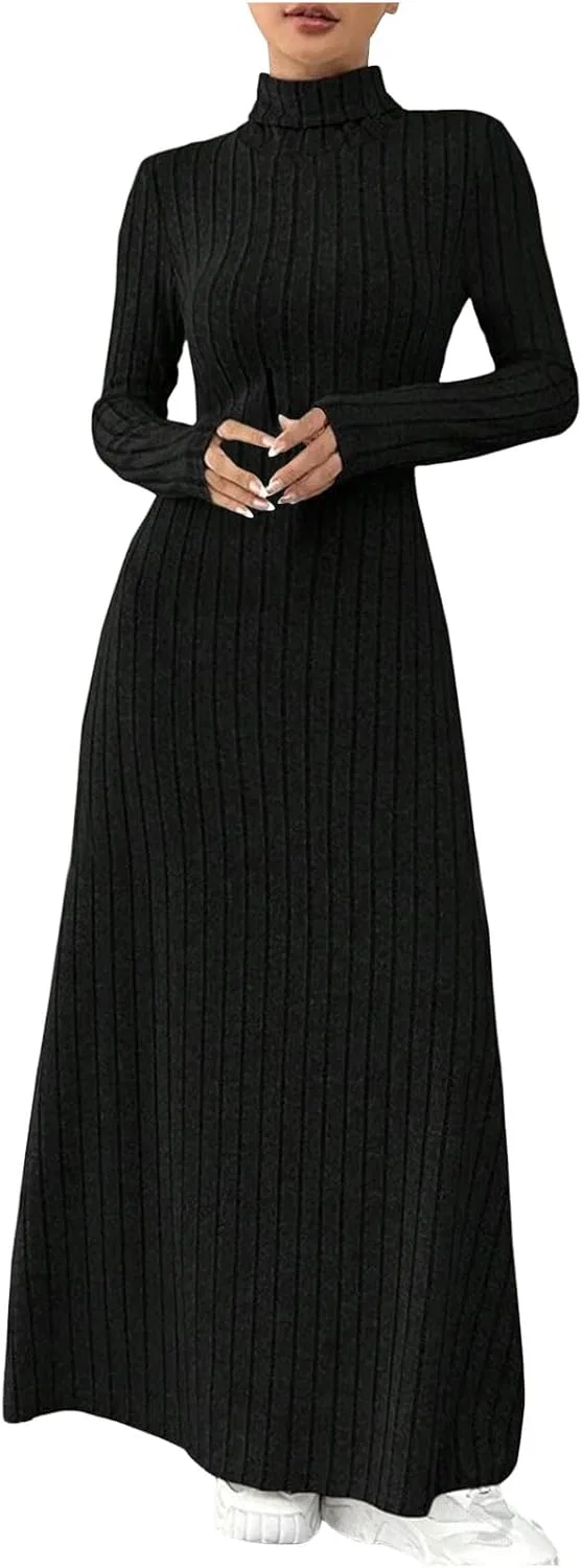 Женское длинное вязаное платье с высоким воротником, Black