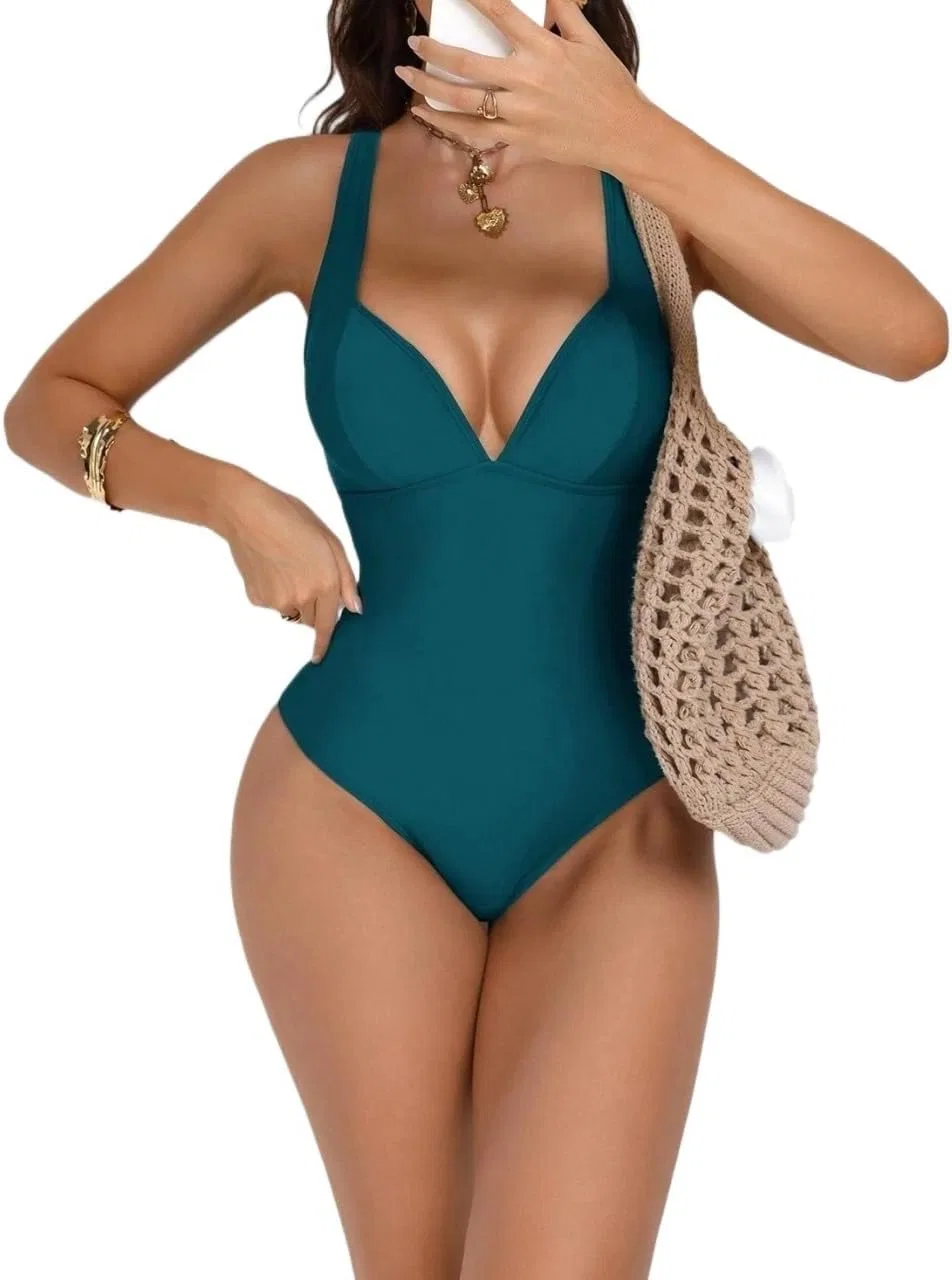 Женский цельный купальник с открытой спиной и драпировкой Teal Blue