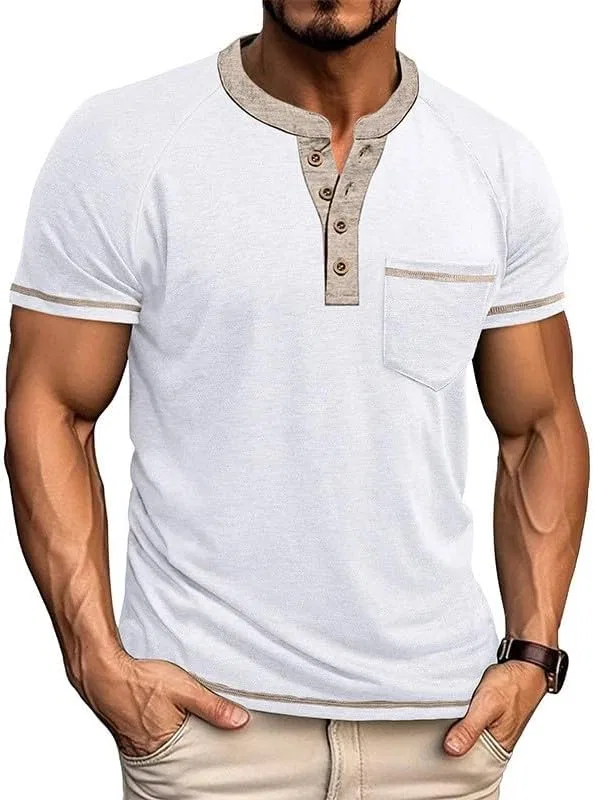 Мужская повседневная футболка поло с карманом Button Tee Shirts, White