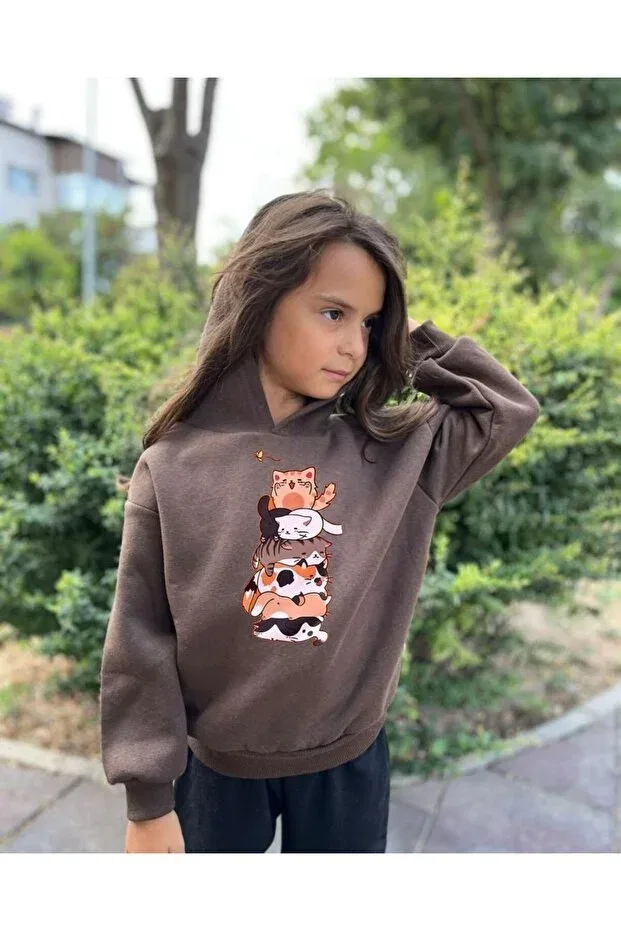 Детское худи для девочек с принтом Girls' Hooded Naughty Cats Printed Morning Kids, Brown