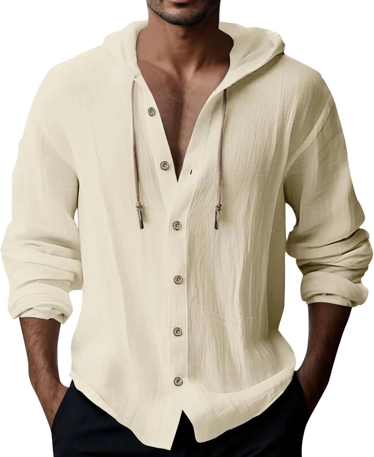 Мужская хлопковая рубашка с капюшоном на пуговицах, Lightweight Fashion Hoodies, Beige