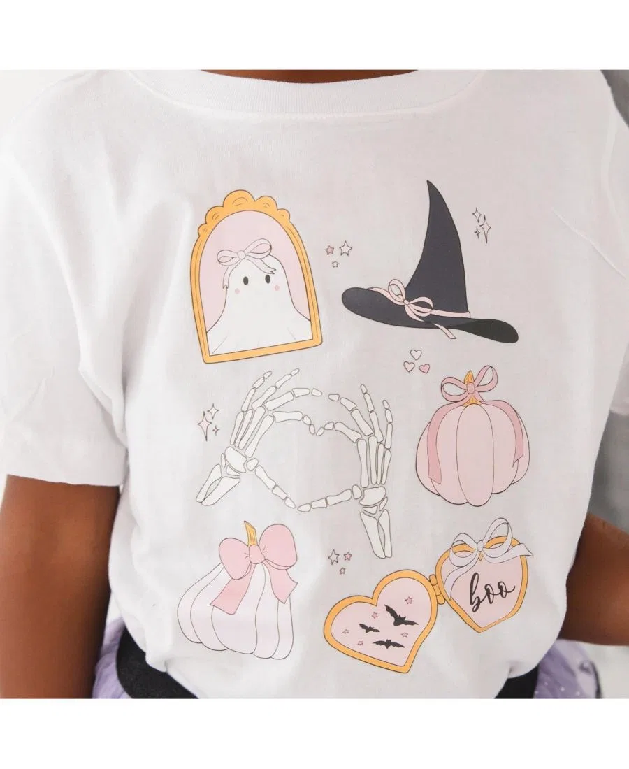 Детская футболка с коротким рукавом с хэллоуинским принтом Spooky Girlie Sweet Wink, White — фото 3