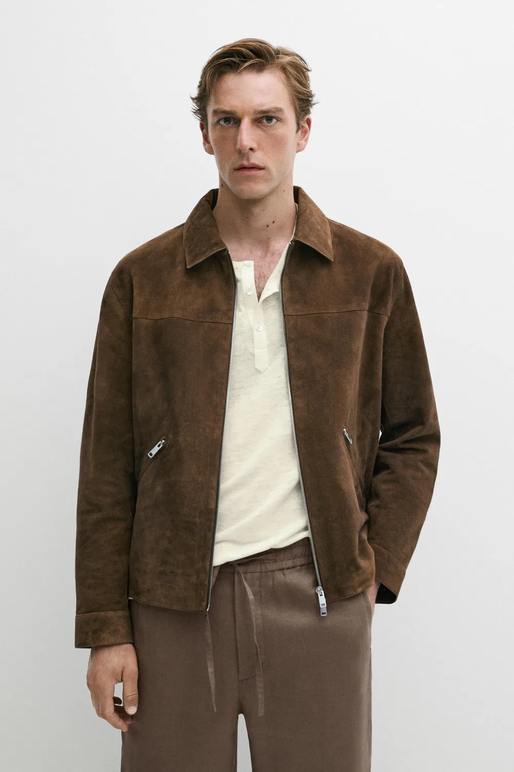 Куртка на молнии Massimo Dutti, кожаная, коричневый меланж — фото 2