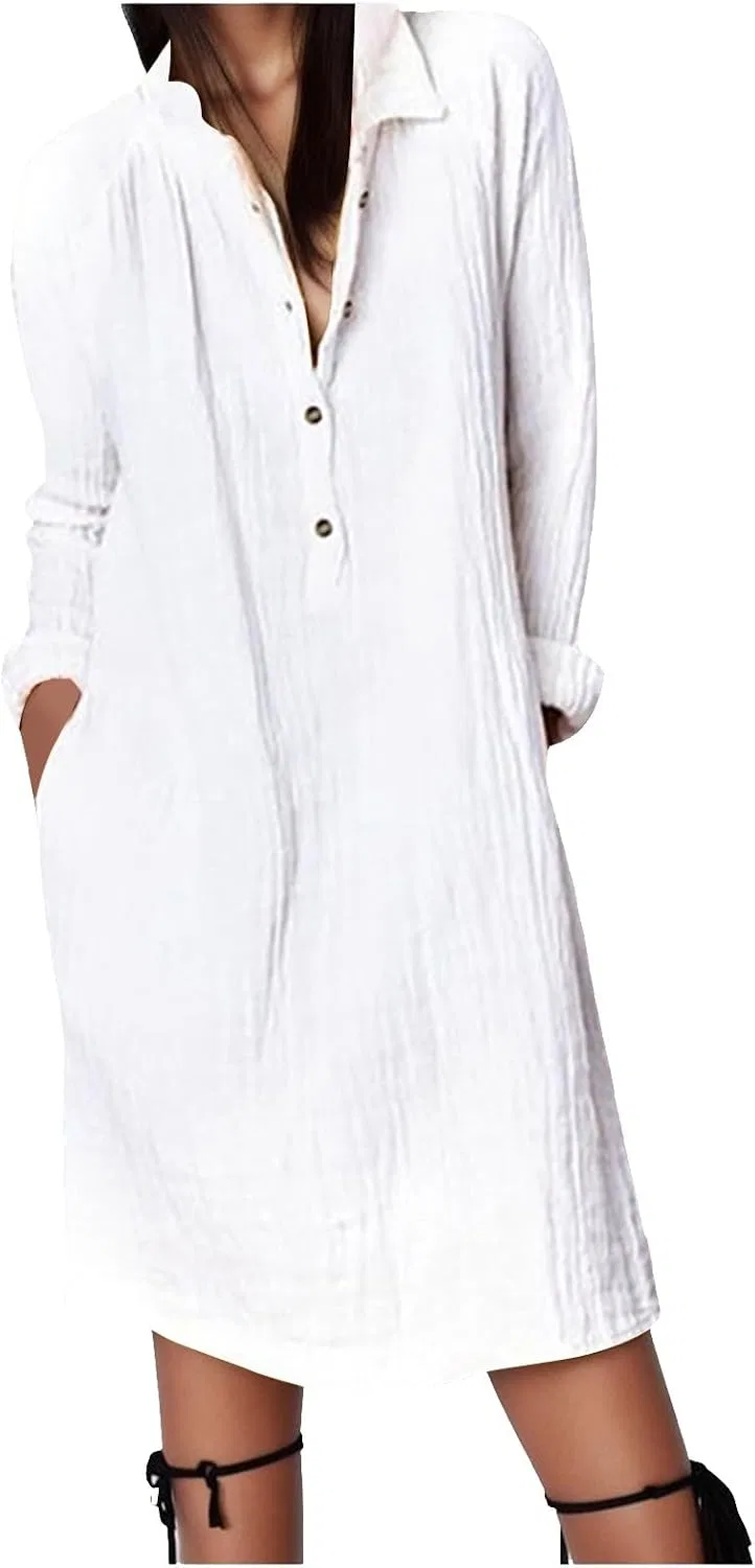 Женское платье-футболка с лацканами Vacation Lapel T-Shirt Dresses, белый