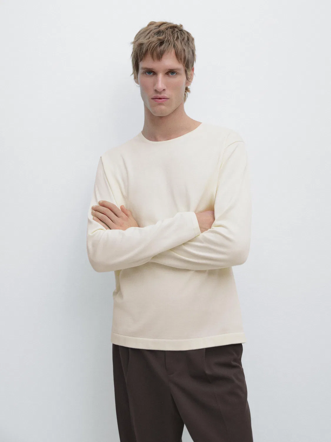 Вязаный свитер с круглым вырезом из 100% хлопка Massimo Dutti, Off-White — фото 2