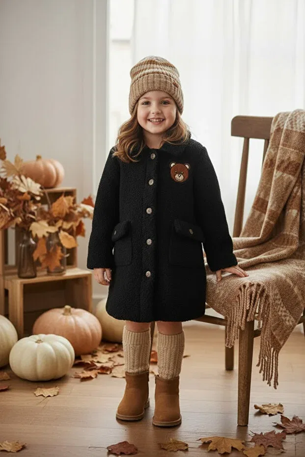 Детское пальто для девочек с принтом Teddy Bear Embroidered Hc Kids Wear, Black