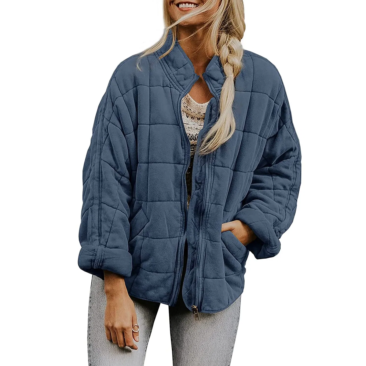 Женская куртка хлопковая с воротником-стойкой 4XL, Blu — фото 4
