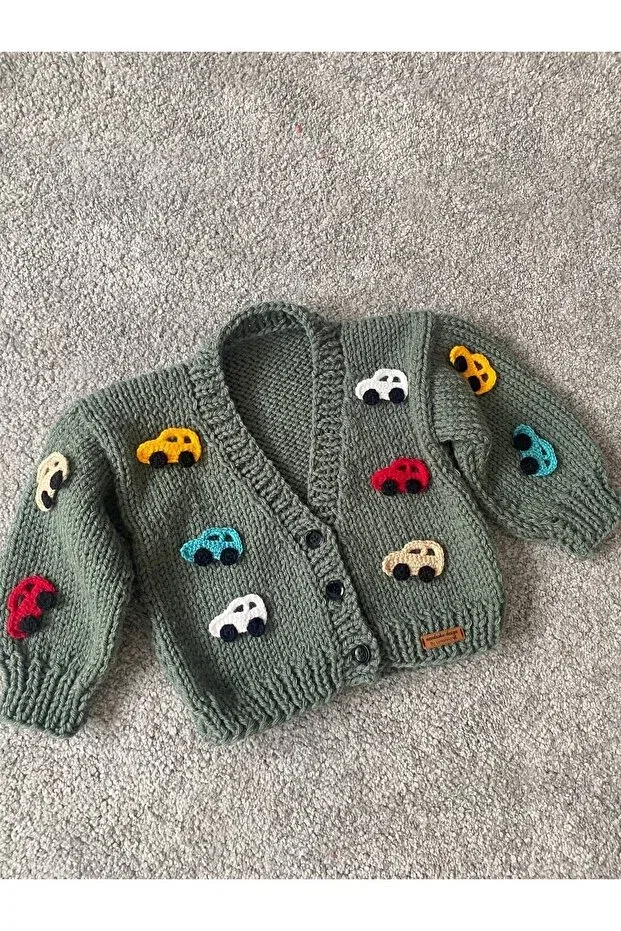Детский кардиган для мальчиков с принтом Hand knitted boy's cardigan with car detail Nevalin, Green — фото 2