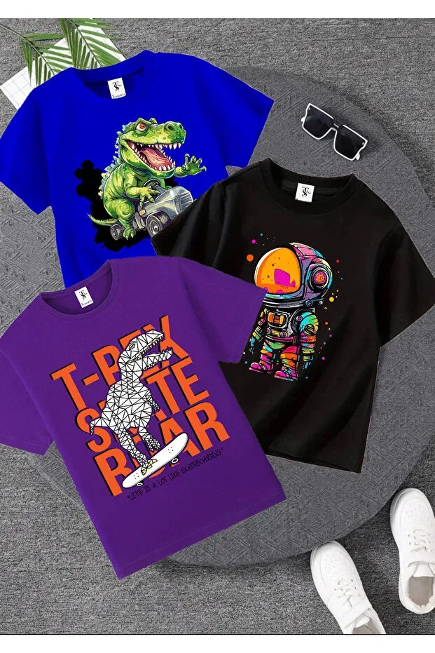 Детская футболка с принтом Trex dinosaur printed 3-pack Twins Tailors, Purple