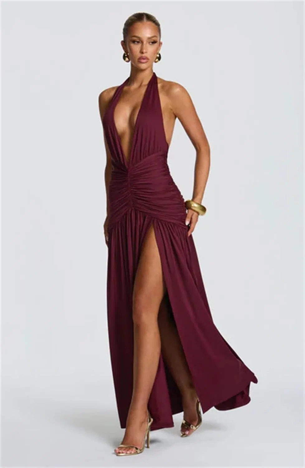 Женское вечернее платье с V-образным вырезом и завязками на шее, Wine — фото 2