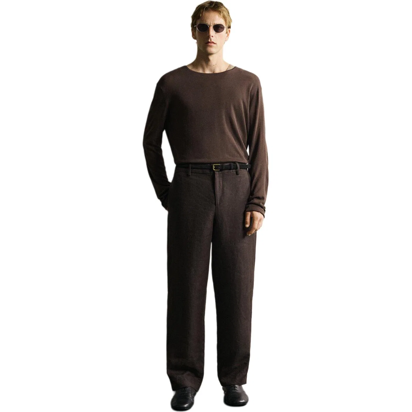 Мужская футболка с круглым вырезом Straight Fit ZARA, Brown — фото 4