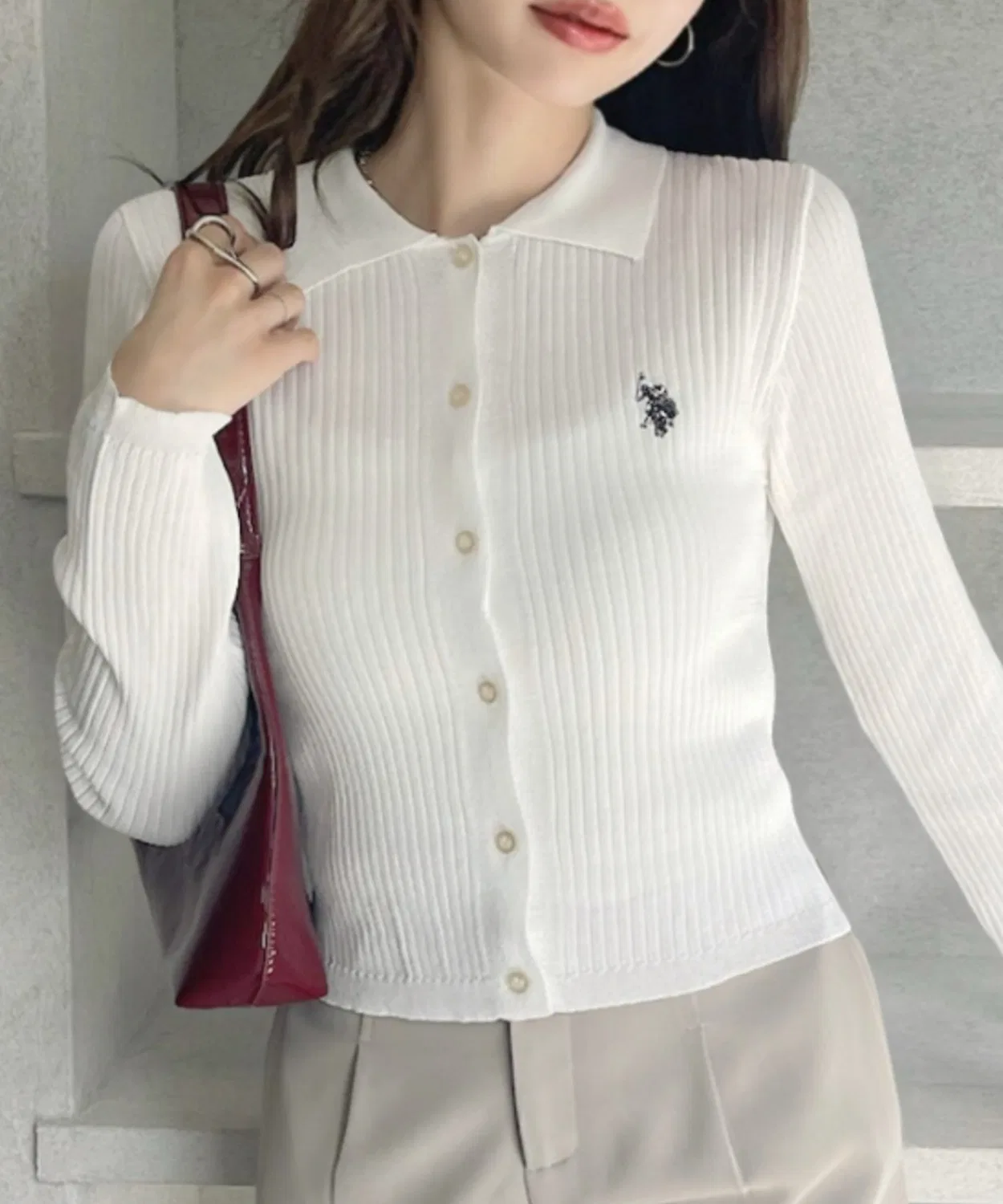 Женский кардиган-поло из рифленого трикотажа U.S. POLO ASSN., Офф-Белый — фото 2