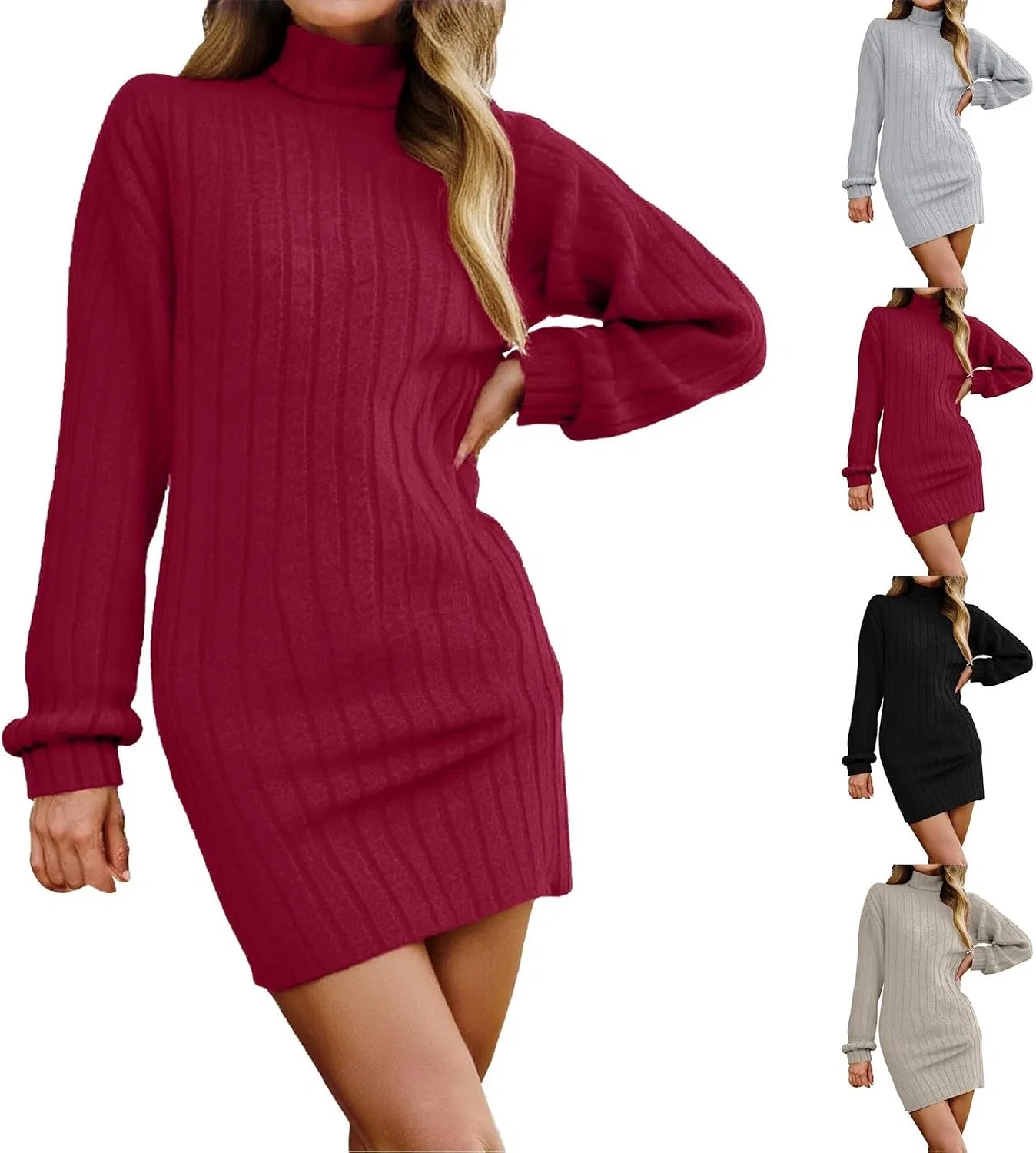 Женское платье-свитер с воротником-хомутом и косами, Long Sleeve Sweater Dress, Beige — фото 4