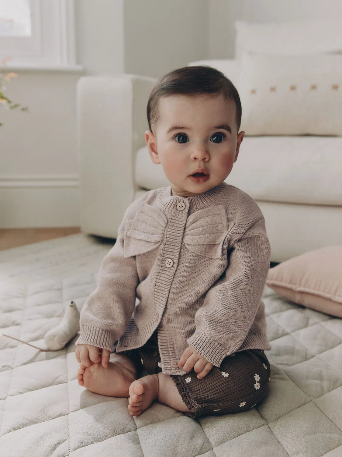 Next Коричневый вязаный детский кардиган с бантом (0 мес.-2 года)