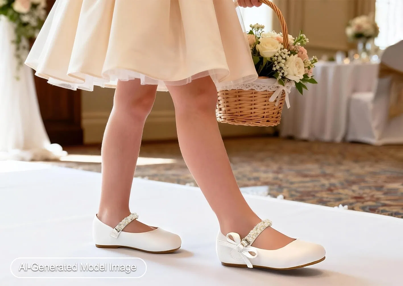Детские туфли-балетки для девочек с блестками PHIRAMIN, Satin Ivory White — фото 2