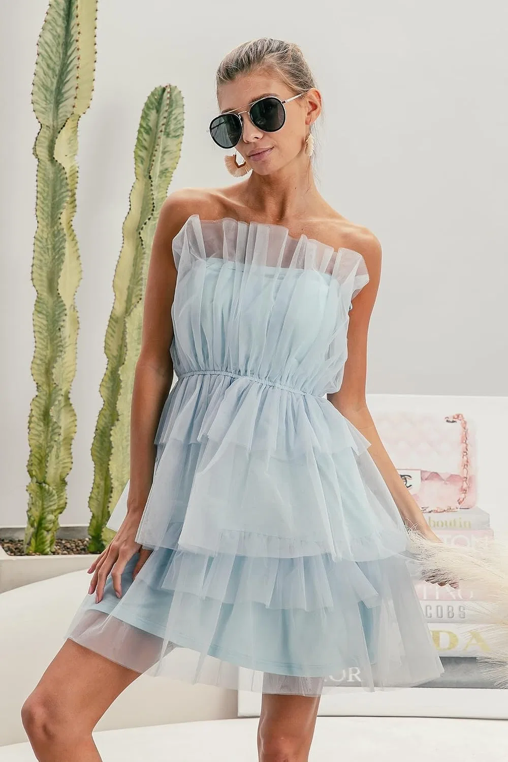 Женское прямое платье с многослойной органзой Sleeveless Layered Organza, Sky Blue — фото 4