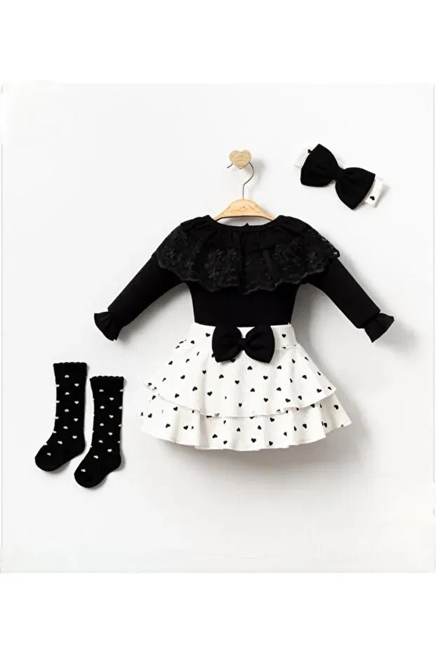 Детский комплект для девочек хлопковый с кружевной юбкой Helena Lace Skirt Set With Heart Socks Cherub Baby, Black — фото 3