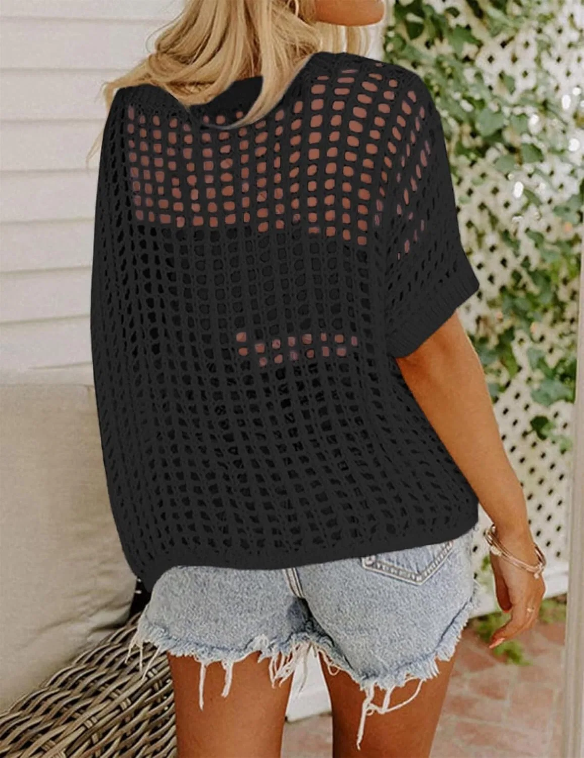 Женский летний ажурный свитер-накидка с открытыми плечами 000273sweater, Black — фото 2