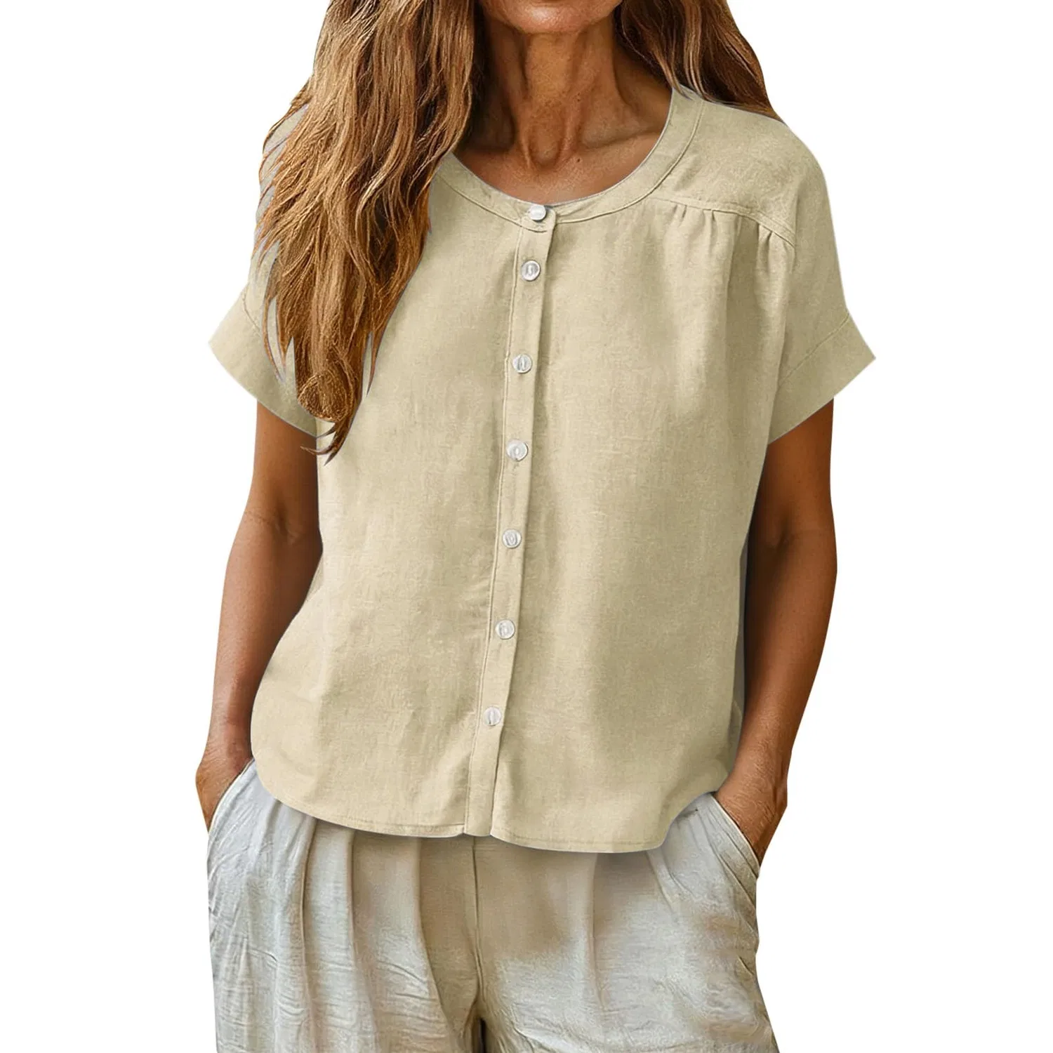 Женская льняная рубашка с коротким рукавом, Beige