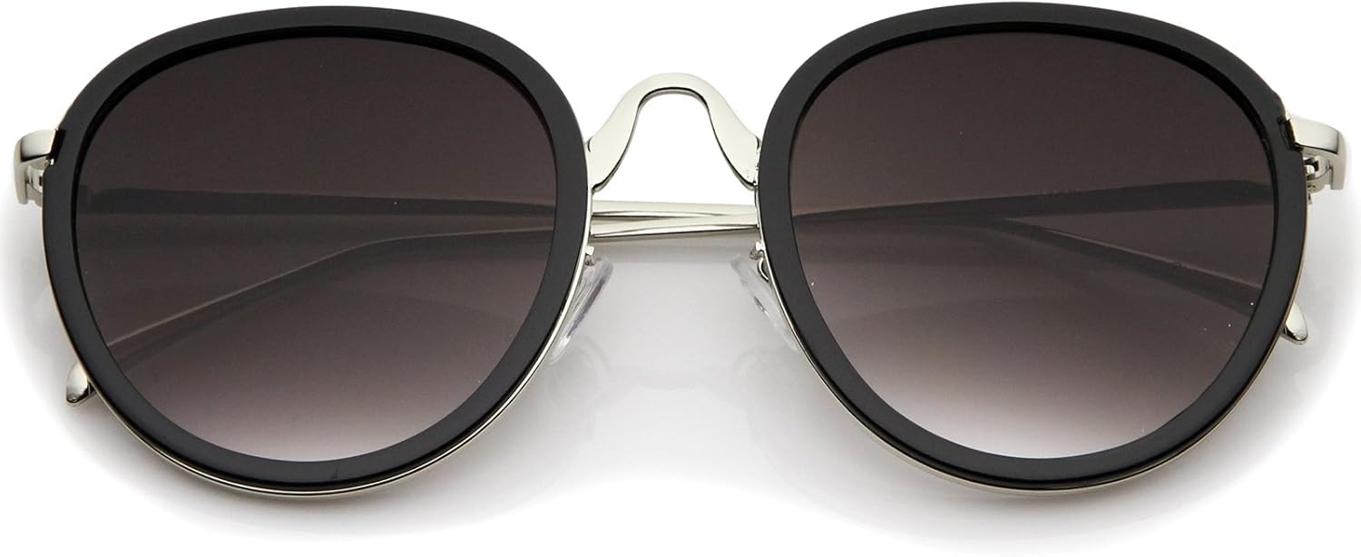 

Солнцезащитные очки zeroUV в современном стиле с изогнутой металлической переносицей, тонкими дужками, плоскими линзами и круглым оправой, диаметр линз 52 мм, Black-silver / Lavender