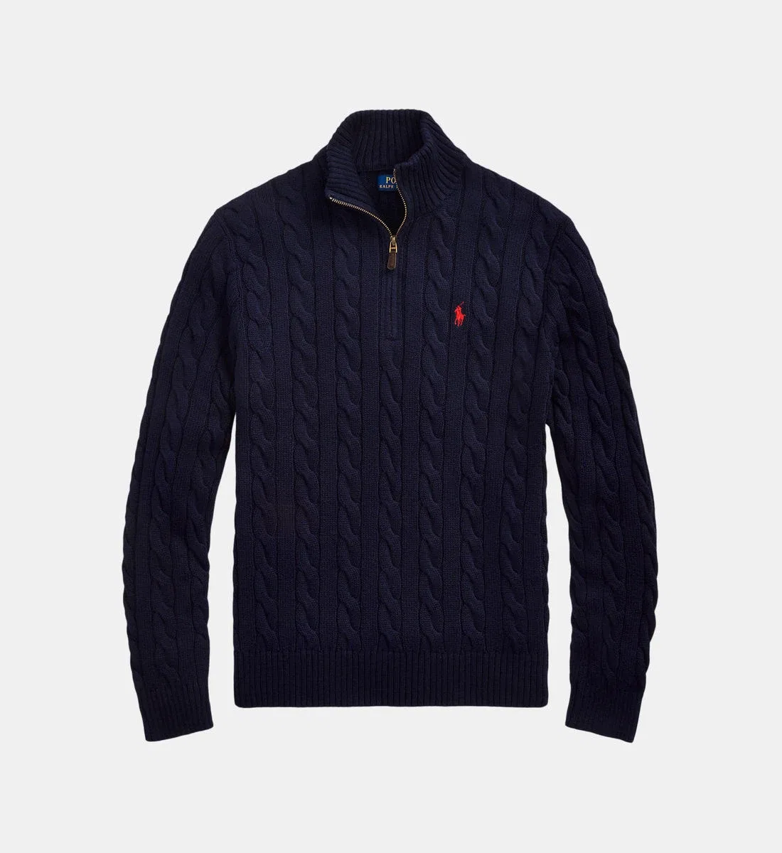 Прямой хлопковый свитер с косичкой и воротником-стойкой на молнии POLO RALPH LAUREN, синий
