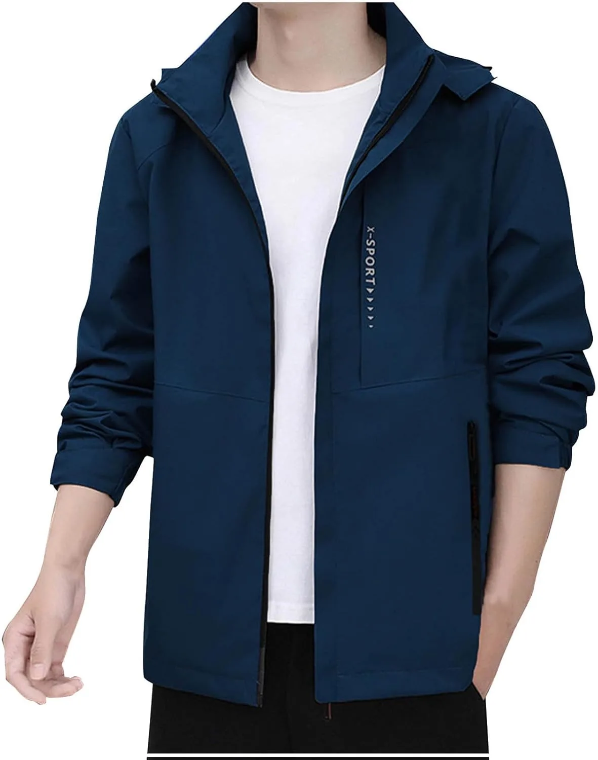 Мужская куртка Casual стильная с капюшоном Water Resistant дождевик Full-Zip легкая для Hiking Fishing ветровка Generic, темно-синий