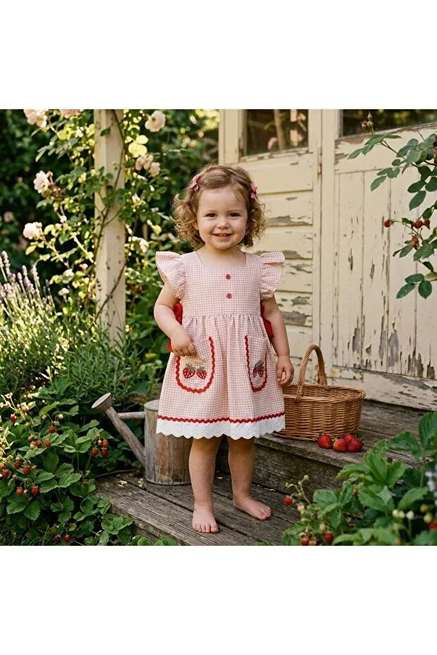 Детское платье для девочек с принтом Strawberry Ribbon Detailed Pitikare Dress Luna Kids Store, Salmon — фото 2